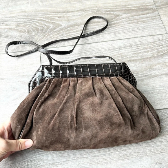 Vintage High Fashion Croc Patent Leather Suede  Leather Crossbody Clutch - Picture 4 of 15